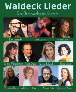 Plakat Waldeck Lieder mit Bildern und Namen der Künstler:innen, die auch im Text genannt sind.
