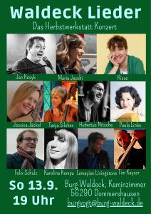 Plakat zum Konzertabend "Waldeck Lieder" am 13.09.2026 um 19 Uhr auf Burg Waldeck, Dorweiler. Mit Jan Kosyk, Maria Jacobi, Kisse, Jessica Jäckel, Tanja Silcher, Hubertus Nitsche, Paula Linke, Felix Schulz, Karolina Kempa, Lemayian Livingstone und Tim Kayser